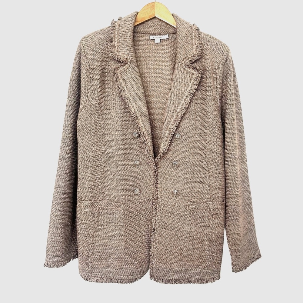 NWT Chico’s Cardigan Sweater Tweed Jacket Blazer Taupe Metallic XL (Sz 3) Fringe